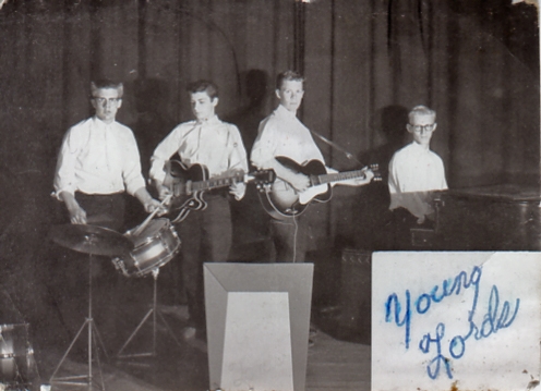 This is a publicity photo 
 from the band Bill Donicht played with in high school, the Young Lords.  Bill is third from left, on guitar.  The other musicians, some of whom you may remember from back in the day, are Rod Eaton (Robbinsdale) on drums, Lowel