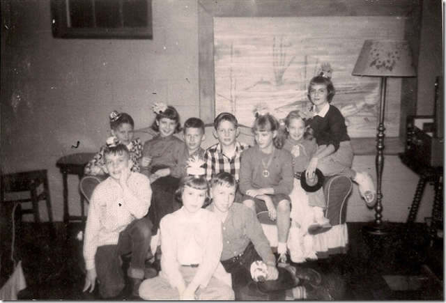 Sixth grade party, Alice Smith.
Back row, left to right:
John Grussing, Karen Stenback, Bob Stohl, Bill Coyne, Carole Murphy, Mary Zakariasen, Sara Turngren;
front row:  Dick Lindahl, Margaret Turngren, Don Larson.  
