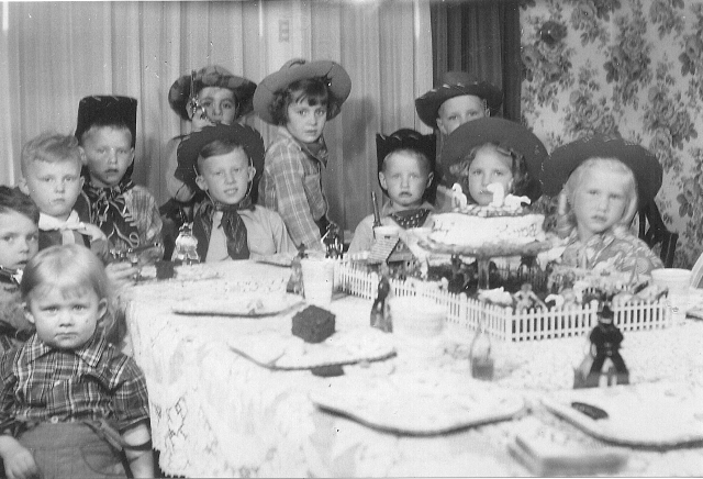 Bobby Stohls second grade cowboy birthday party:
left to right around the table:
Alice Stohl, ?, Lee Norgard, ?, Bobby Stohl, Jim Jorgensen, Linda Jorgensen, ? ,  Billy Bartel,  Karen Sue Stenback, ?